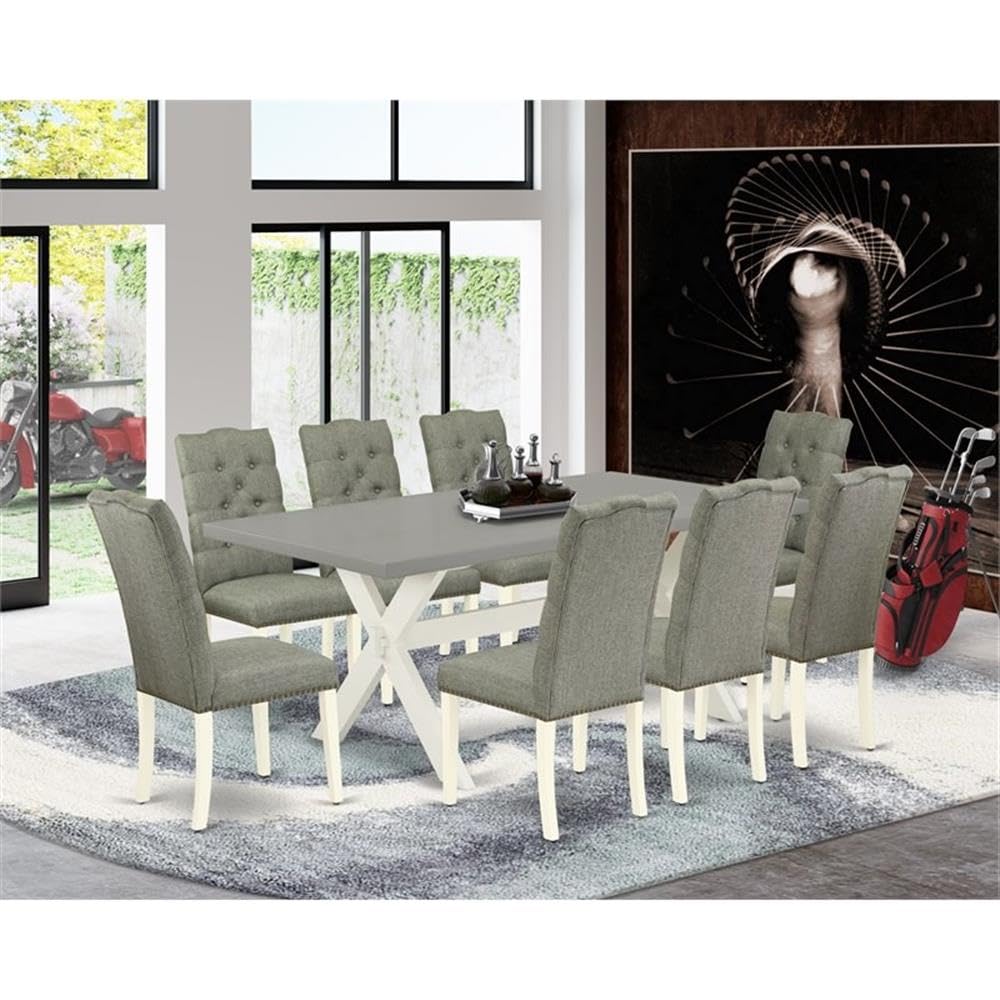 East West Furniture X097El207-9 9 Piece Dining Set Includes A Rectangle Dining Room Table With X-Legs And 8 Gray Linen Fabric Upholstered Parson Chairs, 40X72 Inch, Multi-Color